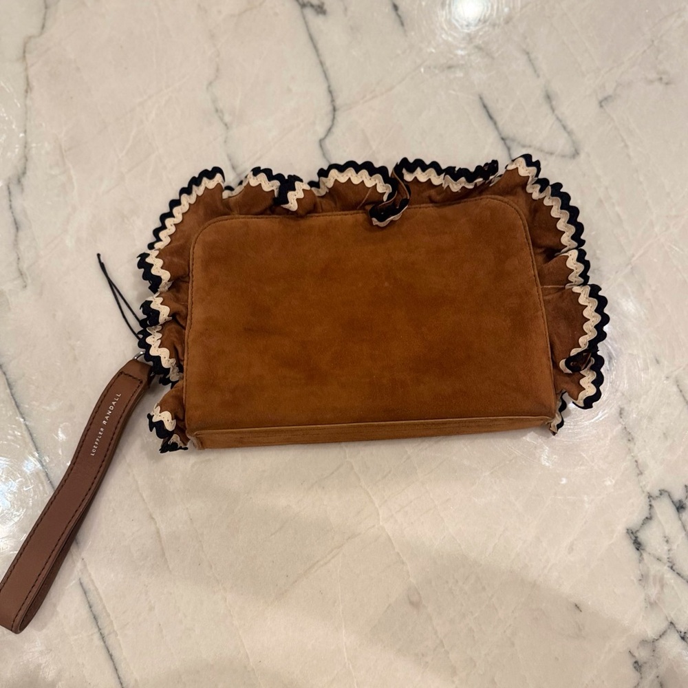 Loeffler Randall Clutch Wristlet Coastal Cowgirl Brown Suede Ruffled Trim NWOT - Picture 3 of 15